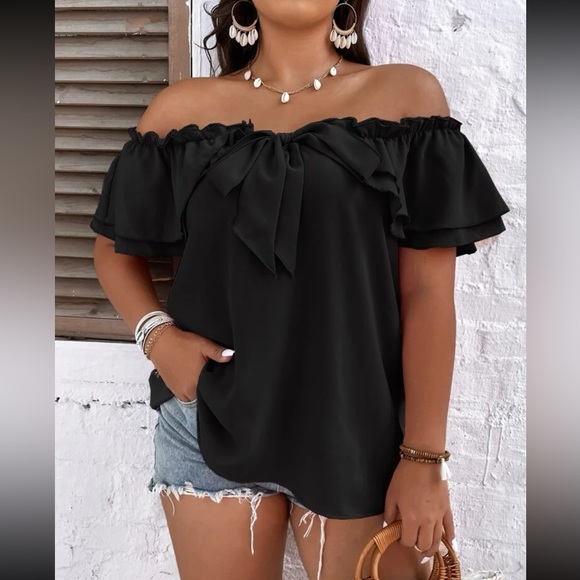 Plus black off shoulder knot front blouse - Picture 1 of 15